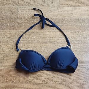 Xhiliration Black Braided String Halter Bikini Top, Sz L